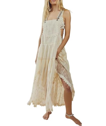 chouyatou Women's Lace Embroidered Tiered Maxi Dress Casual Suspender Strap Bib Overall Jumper Dress (Medium, Apricot)