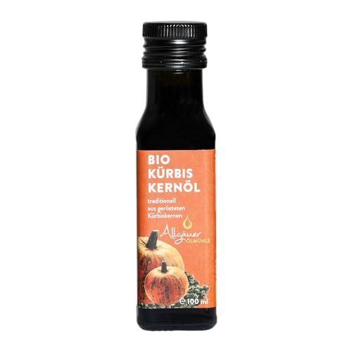 ALLGÄUER ÖLMÜHLE Bio Kürbiskernöl geröstet | Öl aus gerösteten Bio-Kürbiskernen. Biokürbiskernöl ideal für Salate Gemüse Suppen Vanilleeis oder Backwaren | Inhalt: 100 ml