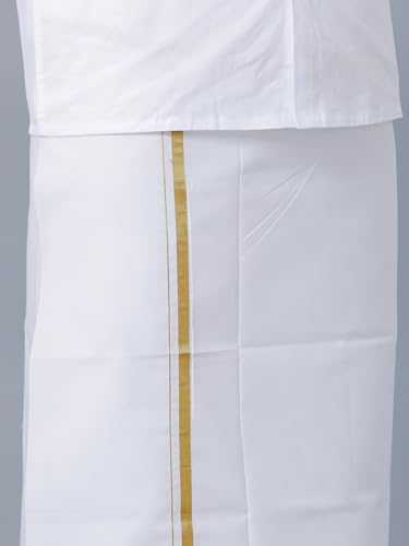 Image of RAMRAJ COTTON Men's Full Sleeve Shirt with 1 /2 Inch Gold Jari Border Dhoti