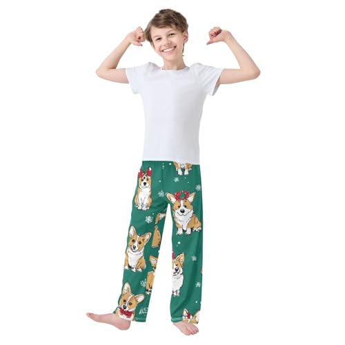 Xmas Corgi Dogs Snowflake Boys Long Pants Soft Trousers Elastic Waist Kids Lounge Bottoms with Pockets S-XL3