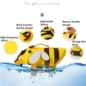AZA Dog Life Jacket Shark Life Vest with Rescue Handle Cute Bees Costume Girl Adjustable High Buoyancy Swimwear for Small Medium Large Dogs Boy Swimsuit Clothes for Pets (S,Bees)