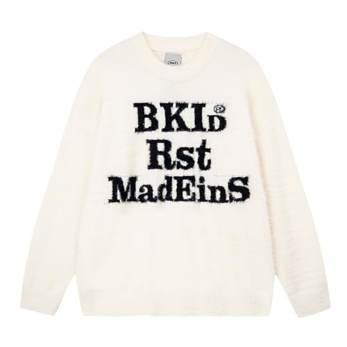 Pull en tricot pour hommes à col rond blanc XL pulls amples avec lettres tendance automne