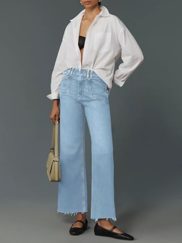 Cicy Bell Womens High Waisted Cropped Jeans Trendy Stretchy Baggy Straight Leg Raw Hem Capri Denim Pants4