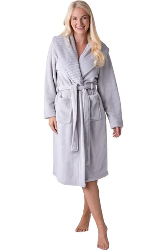 Camille Women's Supersoft Fleece Dressing Gown - Long-Sleeve, Calf-Length Bathrobe | Ribbed Collar, Wrap Belt Tie Fastening & Front Pockets | Warm Comfy Housecoat - Light Grey 18-20