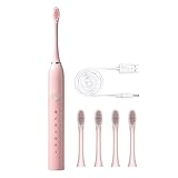 clinmday Electric Toothbrush with 4 Brush Heads 6 Modes Smart Timers IPX7 Waterproof USB Rechargeable 42000VPM Adults Toothbrush Set Travel Toothbrush Rechargeable Portable 4 Brush Heads Pink