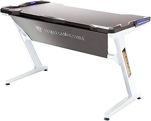 Ficmax Computer Gaming Desk Z Leg Gaming Desk con luz LED Escritorio ergonómico para PC para Gamer Pro Mesa para computadora con cuero Fender Cloth Z Shape Escritorio para oficina en casa Mesa(blanco)