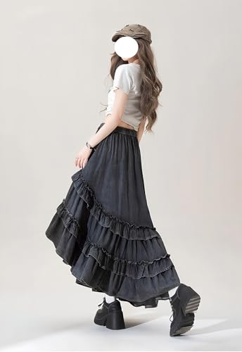 High Waisted Asymmetrical Tiered Ruffle Denim Long Skirt Women Y2k Cute Casual Flowy A Line Jean Midi Skirts2