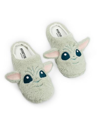 STAR WARS Grogu Adults Green Mule Slippers | 3D Ears Fluffy Home Wear for Movie Fans Character Footwear Merch