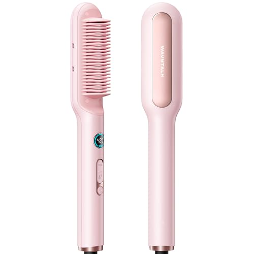 Image of Wavytalk Hair Straightener Brush, Sleek Sweep Ionic Straightening Brush, Anti-Scald Ceramic Straightener Comb with LED Display for Super Smooth Hair, Dual Voltage, Pink.