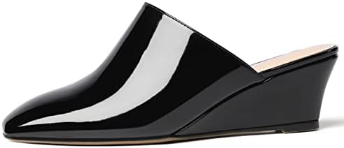 SHOWFOREST Women's Black Low Heel 2 Inch Casual Patent Square Toe Wedge Slide Mules Shoes Size 6 - Zapatos para Mujer | Image 1