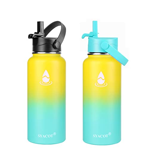 Syacot 32 Oz 40 Oz 64 Oz Stainless Steel Water Bottle, Insulated Double Wall Vacuum Leak Proof Water Flask, Metal Thermo Canteen Mug —Wide Mouth With 2 Straw Lids (32 Oz, Neon) #TOP1