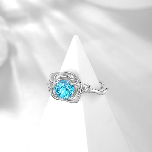 Rose Birthstone Opening Ring - 925 Sterling Silver Rose Cut Cubic Zirconia March Aquamarine Flower Adjustable Anniversary Engagement Promise Ring Birthday Jewelry Gift for Wife Mom Daughter DR0166M — view 3