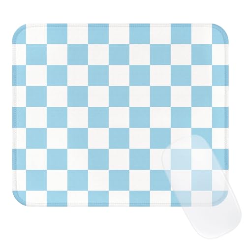 Image of Square Cute Checkered Mouse Pad with Stitched Edge, Premium Waterproof Cloth Aesthetic Small Plaid Mouse Mat, Non-Slip Rubber Base Funny Mousepad Desk Accessories,Checkerd Blue White