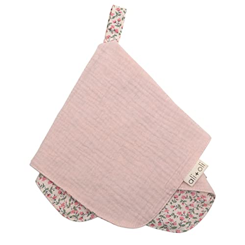 Image of Ali+Oli Pacifier Blanket Holder (Pink Flowers) Soft Muslin Cotton Cuddle Blanket with Button Snap Closure (15x15)