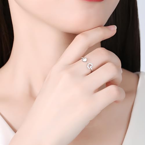 Epoch World Damen Ring Silber Ringe Verstellbar Offener Herz Ringe Zirkonia Schmuck Promise Engagement Herz Silber Ring für Damen Frauen