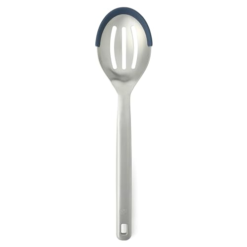 Image of Calphalon Prime Slotted Spoon Skimmer, Stainless Steel Straining Spoon with Navy Silicone Rim, Heat-Resistant Nonstick-Safe Kitchen Spoon for Draining, Cooking & Serving