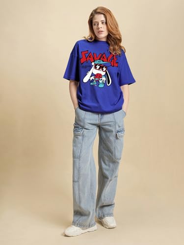 Image of Bewakoof Women's Being Savage Graphic Printed Oversized Cotton T-Shirt Oversized Fit, Round Neck, Half Sleeves