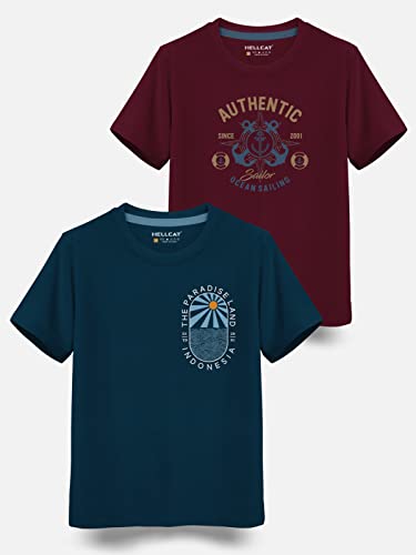 Image of HELLCAT Boys Round Neck Printed Blended Cotton Tshirt -Combo Pack of 2 - Orange /Blue