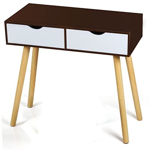Image of Nightstand Mid-Century Modern Bedside Table with Solid Wood 4 Legs Practical End Side Table Engineered Wood Desk with 2 Storage Drawers for Small Space Black and White