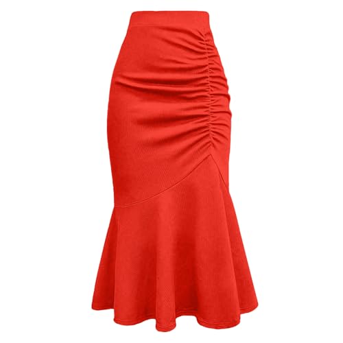 Women's Fishtail Skirt Elegant Ruched Skinny Bodycon Ruffle Long Skirts Cocktail Evening Party Wedding Skirt