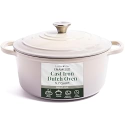Larder & Vine 5.7 QT Enameled Cast Iron Dutch Oven with Lid, Dutch Oven for Sourdough & Bread Baking, Non-Toxic Enamel, Oven Safe to 500°F, Compatible with All Cooktops, Stone