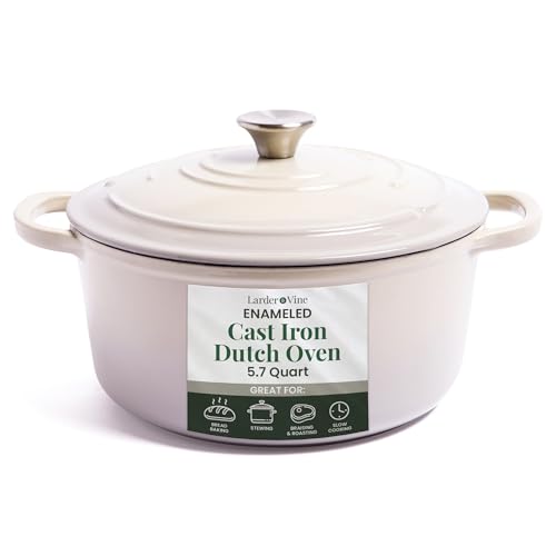 Larder & Vine Enameled Cast Iron Dutch Oven | 5.7qt Dutch Oven Pot with Lid | Dutch Oven for Bread Baking | Compatible on All Cooktops & Oven Safe to 500° F | Great for Sourdough Bread | Stone