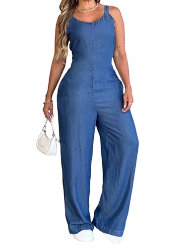 CHICME Womens Casual V Neck Elastic Waist Loose Overalls Jumpsuits One Piece Sleeveless Wide Leg Long Pant Rompers-bl-L
