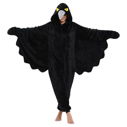DKRUW Adult Onesie Pajamas Animal One Piece Crow Costume Halloween Cosplay for Women Men (Crow Medium)