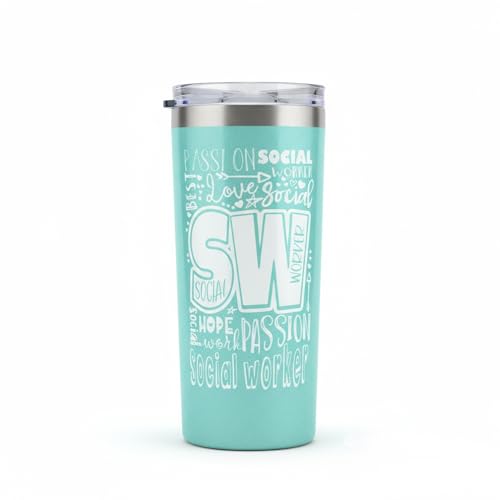 Zoey Christina Social Worker Tumbler 16oz Mint Iridescent Stainless Steel Cup with Lid & Straw – Word Art Gift for Social Workers, Students & Grads – Double Wall Insulated Travel Mug