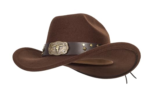Image of Wide Brim Men and Women's Western Cowboy Hat Fedora-Jazz-Hat with Bull Head Band Decoration