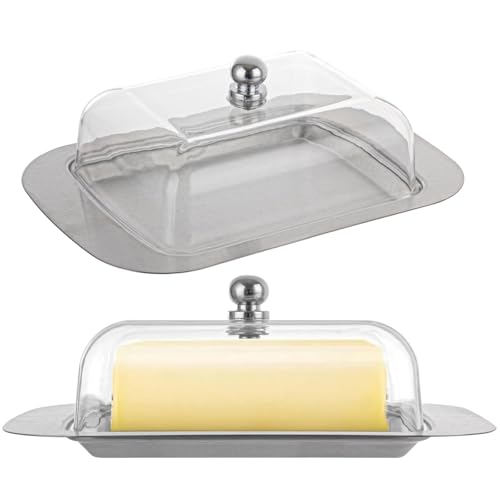 ASelected Burriera in acciaio inox con coperchio trasparente e manico, 18,5 x 12,2 x 6,7 cm, in acciaio inox, con coperchio, contenitore per burro, formaggio, piccoli frutti