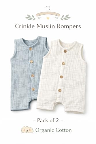 Image of La Vie BabyCare Organic Crinkle Muslin Rompers for Babies |Soft, Lightweight Infant Bodysuits, Gentle on Sensitive Skin, Summer Wear, Multicolor Stylish Baby Outfit, Pack of 2 (3-6 Months)