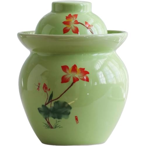 Lotus Pattern Fresh Kimchi Jar, Double Lid Design Fermentation Crock, Traditional Water-sealed Pickling Tank, High Temperature Ceramic Material(3.5kg/123.4oz)