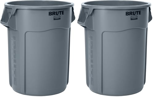 Image of Rubbermaid Commercial Products Brute Heavy-Duty Round Trash /Garbage Can with Venting Channels, 55 Gallon, Gray, Trash Can /Waste Container for Home /Garage /Bathroom /Outdoor /Driveway (Pack of 2)