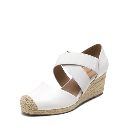 DREAM PAIRS Womens Close Toe Espadrilles Platform Slip on Elastic Criss Cross Straps Dressy Wedges Sandals 6 White