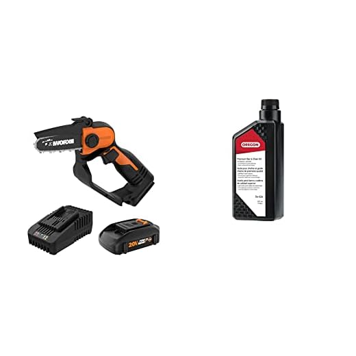 WORX WG324 20V Power Share 5” Cordless Pruning Saw (Battery & Charger Included) and Oregon Bar and Chain Oil for Chainsaws, 1 One Quart Bottle (32 fl.oz / 946 ml) (54-026)