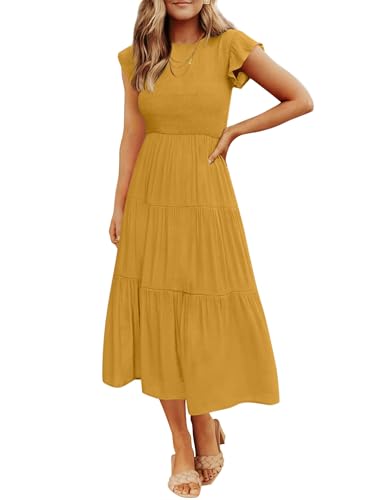 ZESICA Women's 2026 Summer Casual Flutter Short Sleeve Crew Neck Smocked Elastic Waist Tiered Midi Dress