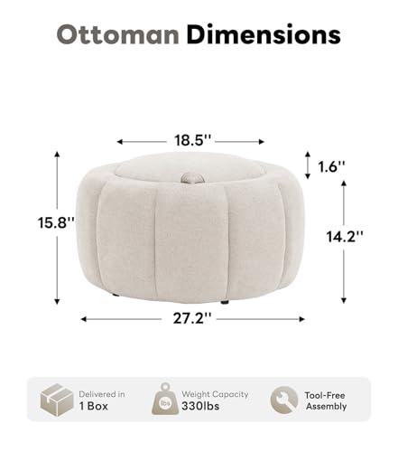 Tbfit Round Storage Ottoman - No Assembly Required, Storage & Sturdy Structure Multi-Functional Seat/Footrest for Living Room, Bedroom & Kids Room Soft Fabric for Family Home Use — view 2