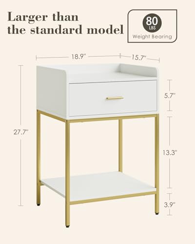 Image of Masupu Nightstand, 3-Tier Modern Bedside Night Stand with Storage Drawer and Shelf, Large End Side Table for Bedroom, Living Room, White