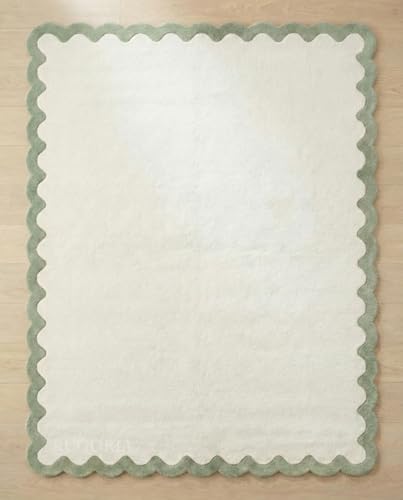 RUGORIA Hand-Tufted Wool Area Rug with Scalloped Edge, Plush Ivory Solid Carpet with Contrast Border, Soft Thick Cotton Backing Rug for Living Room Bedroom Home Decor (Sage Green, 6' x 9')