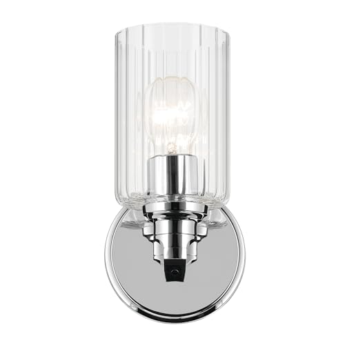 Image of Kichler Gioe 5 inch 1-Light Wall Sconce with Clear Fluted Glass in Chrome, Damp Rated, for Powder Room, Kitchen, Hallway, Bedroom, Fireplace, (5 inch W x 9.5 inch H), 55224CHFLU