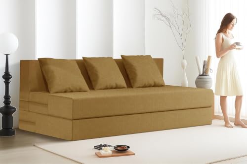 Image of Rosebell Lightweight Easy Three-Person Sofa Cum Bed Jute Fabric-Including Cushion - Size 5' X 6' Feet | Color - Golden | Perfect for Home & Office