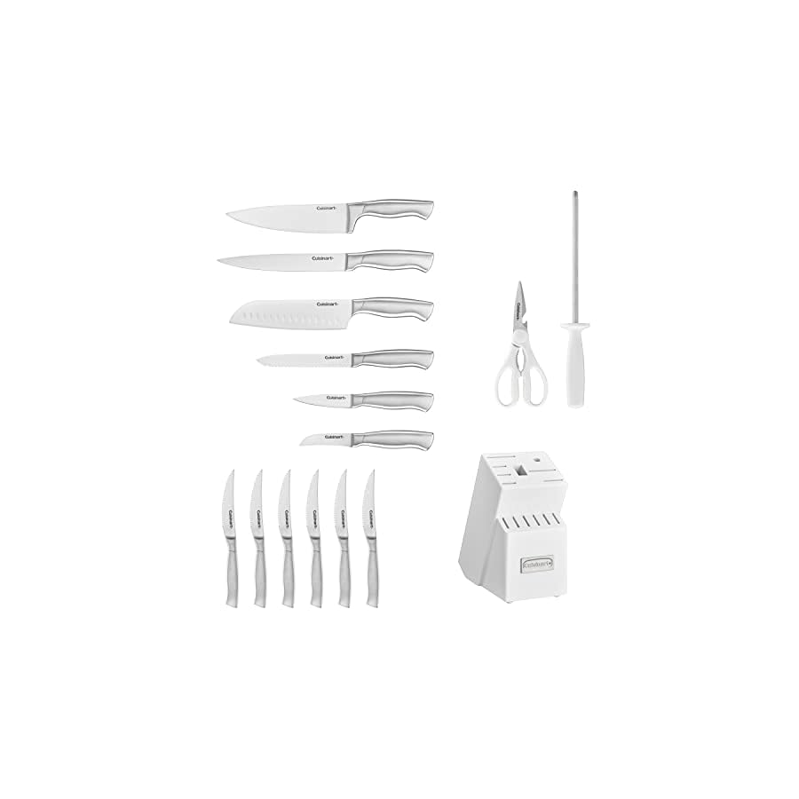 Cuisinart Block Knife Set, 15pc Cutlery Knife Set with Steel Blades for Precise Cutting, Lightweight, Stainless Steel Durable & Dishwasher Safe, White