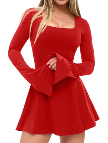 XXTAXN Women’s Sexy Flare Long Sleeve Square Neck Party Yoga Flowy Hem Mini Dress with Shorts Red