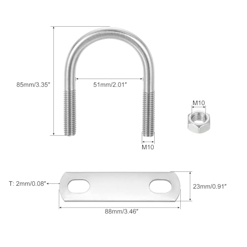 Image of uxcell Round U-Bolts, 8 Sets 53mm(2.09 inch) Inner Width 85mm Length M10 304 Stainless Steel U Clamp Bolt with Nuts and Plates, for Boat Trailer