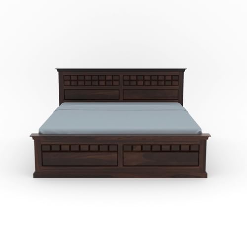 Image of Sheesham Wood King Size Bed with Storage Box | Wooden Box Bed King Size Double Cot Bed with Storage for Bedroom | Chocolate Dalla Design Headboard Bed for Hotel, Home | Walnut Finish