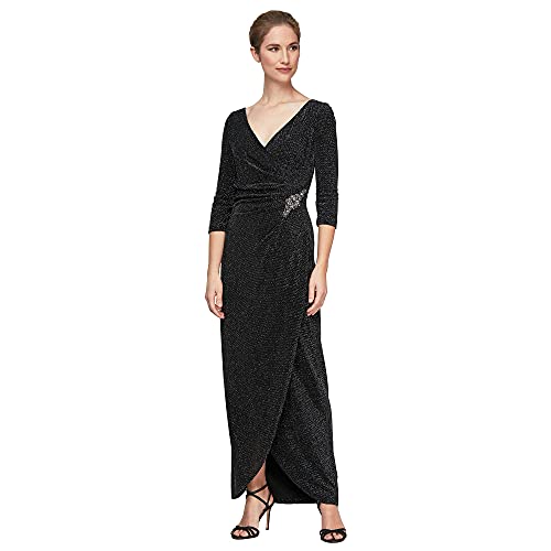 Image of Alex Evenings Womens Long 3 /4 Sleeve Formal Event Dress with Cinched Tie Waist (Petite and Regular Sizes)