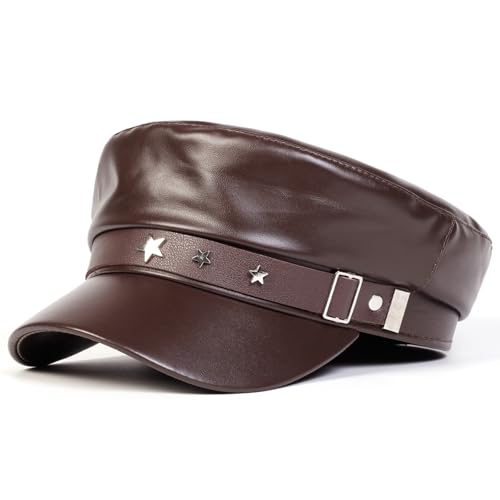 Béret cuir PU anti-soleil marron avec boucle étoile et taille unique ajustable