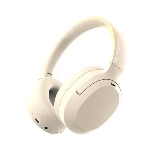 SunoFi Hybrid Active Noise Cancelling Headphones, Wireless Over Ear Bluetooth Headphones with Mic, 40H Playtime, Hi-Res Audio, Deep Bass, Foldable Comfort Fit Ear Cups for Travel, Office, Home (White)