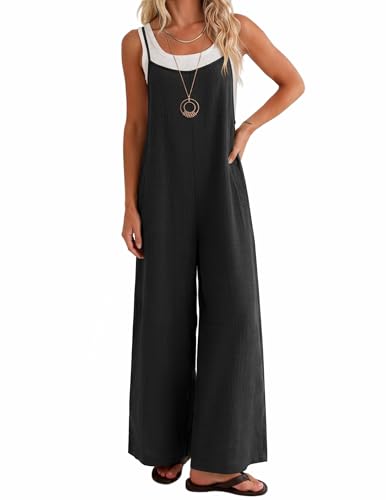 Ekouaer Womens Casual Overalls Wide Leg Jumpsuits Loose Summer Rompers Baggy Jumpers with Pockets Black M